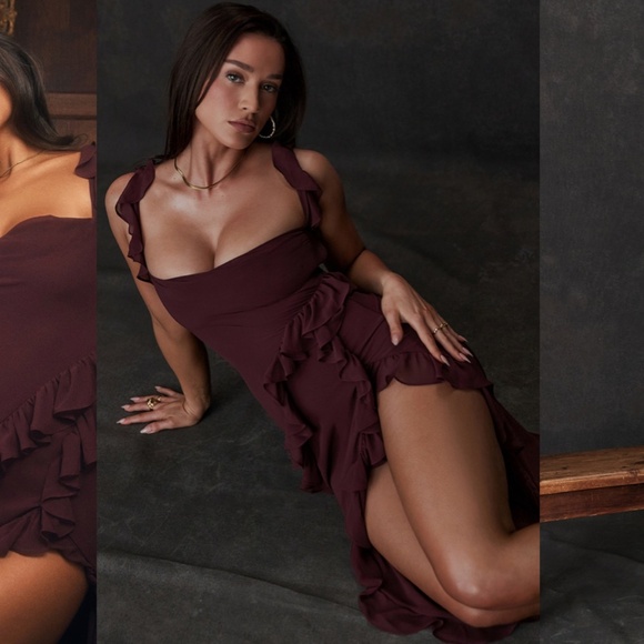 HOUSE OF CB ARIELA MULBERRY RUFFLE MAXI DRESS wine size S NWOT - Picture 4 of 13